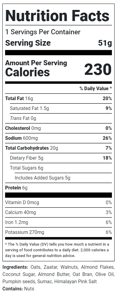 Zaatar granola bar nutrition facts